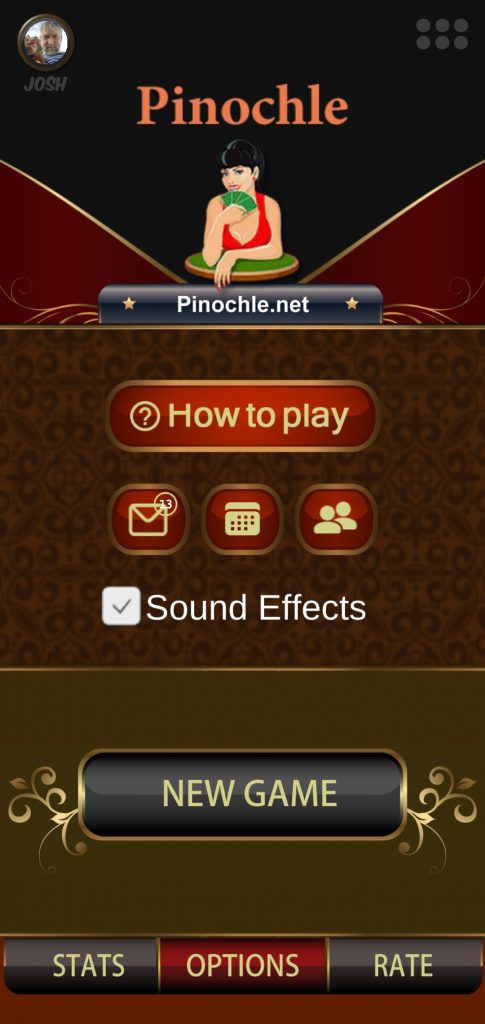 Pinochle App Main Menu Screenshot