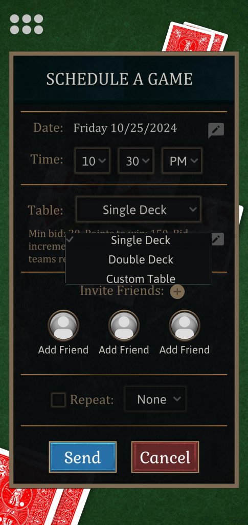 Pinochle Single Deck, Double Deck, Custom Table Selection