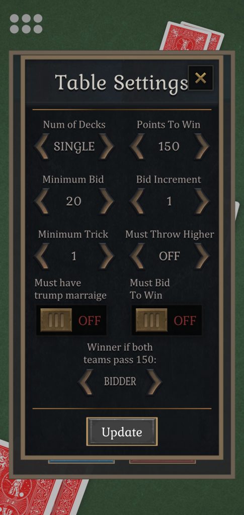 Pinochle Table Settings Game Options Screenshot