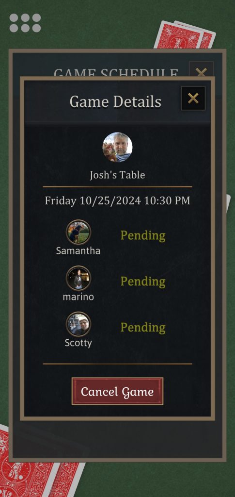 Pinochle Scheduled Game Details Screenshot