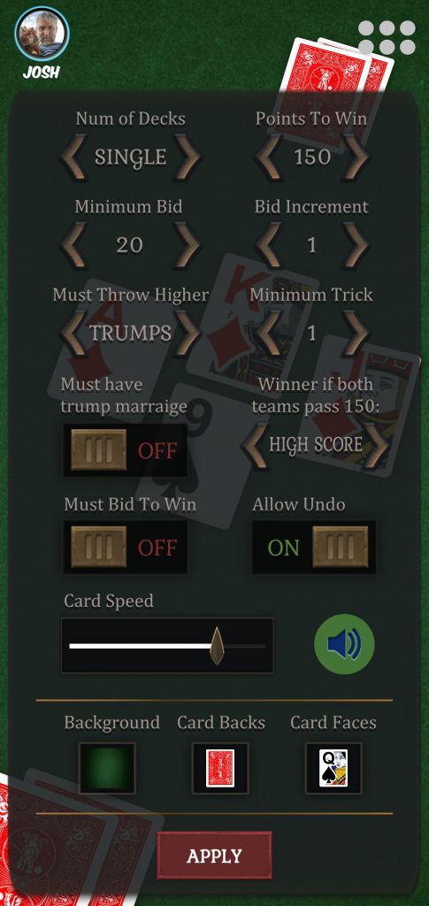 Screenshot of Pinochle Options Screen