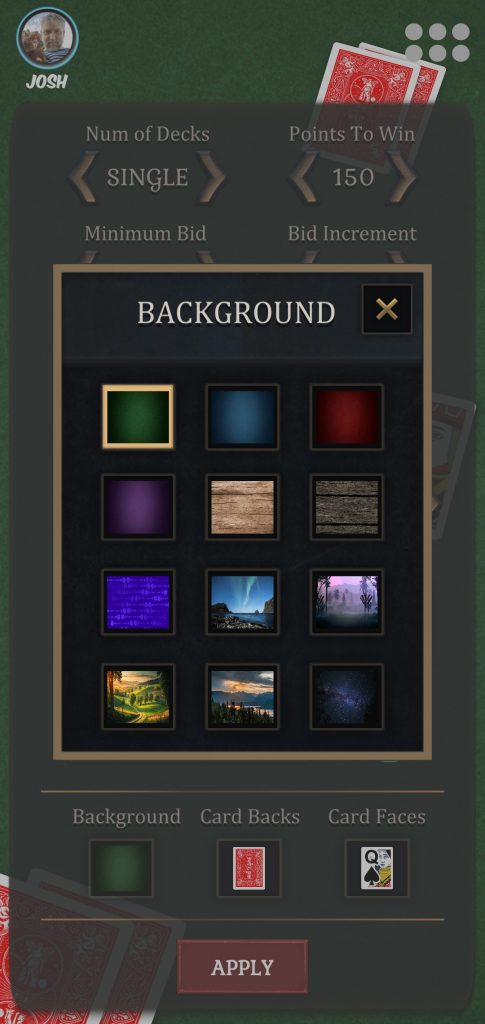 Screenshot of selecting a custom background in Pinochle