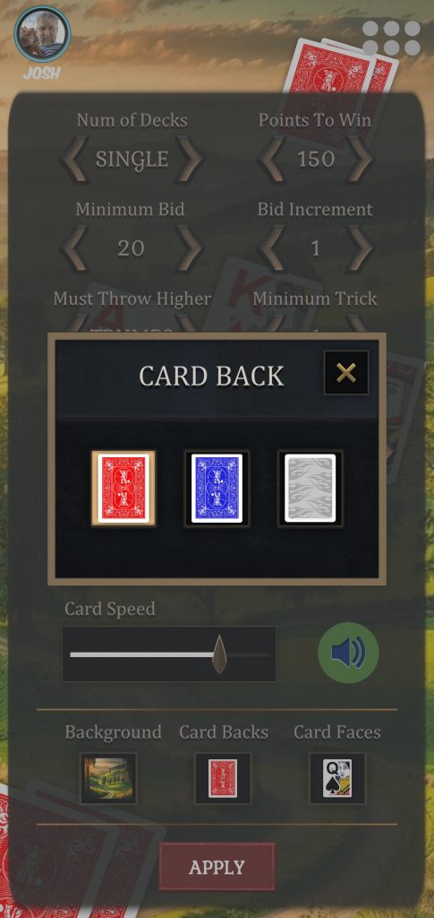 Screenshot of selecting custom card backs in Pinochle