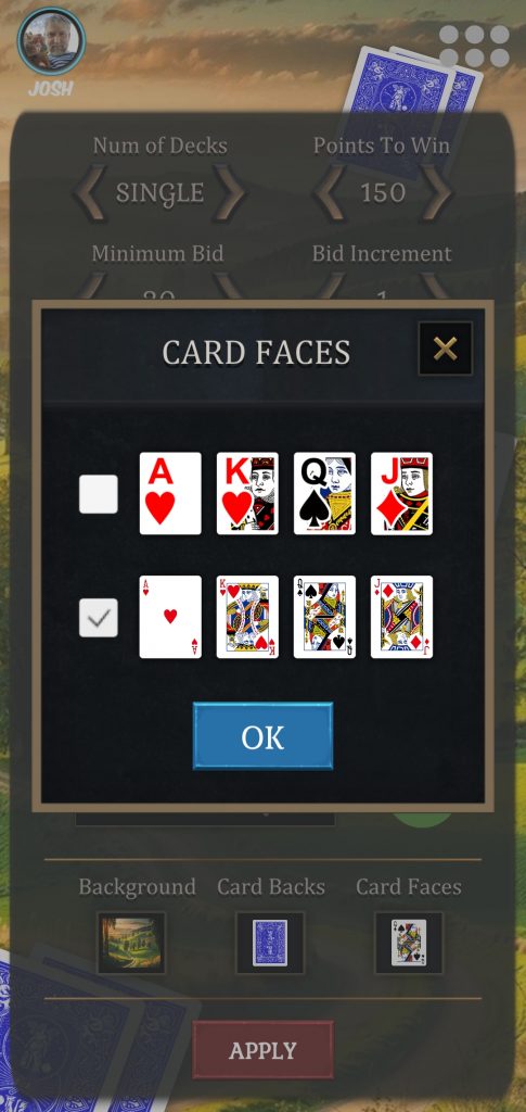 Screenshot of selecting custom card faces in Pinochle